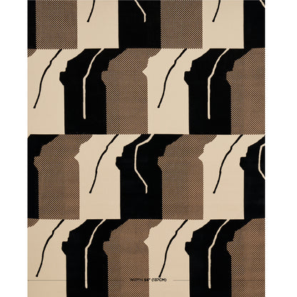Abstract geometric rug with black, tan and brown checker blocks, dotted textures and curved lines.