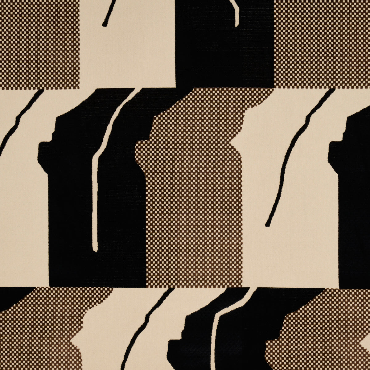 Abstract beige and black geometric pattern with halftone dots; bold, modular shapes for wallpaper or textile design.
