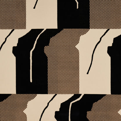 Abstract beige and black geometric pattern with halftone dots; bold, modular shapes for wallpaper or textile design.