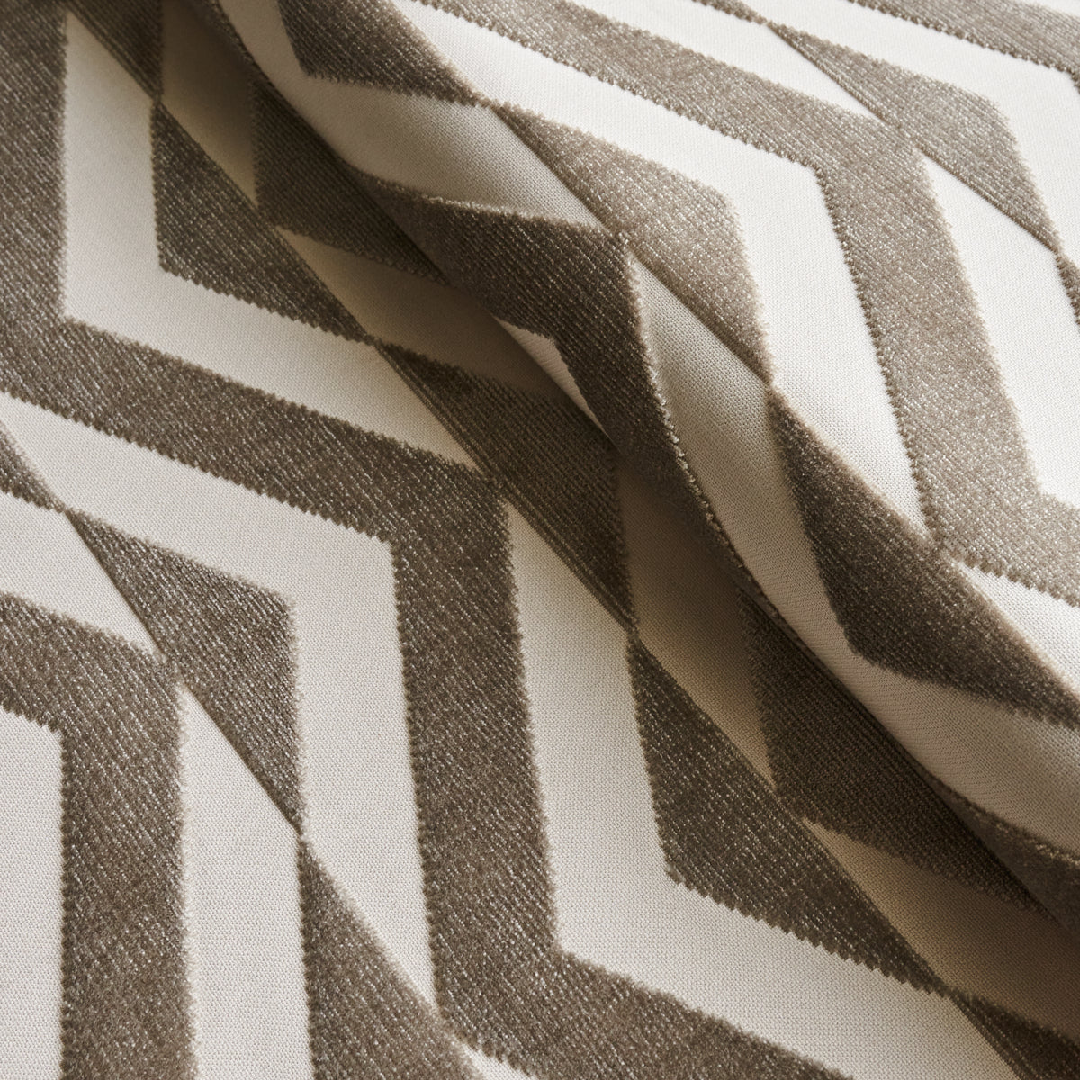 SCHUMACHER FABRIC  MILES REDD BROKEN CHEVRON CUT VELVET   TAUPE ON IVORY   - 81810
