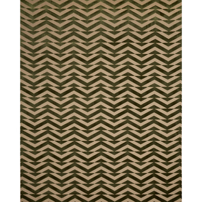 Woven rug in tan and dark brown chevron zigzag pattern, geometric earthy tones.