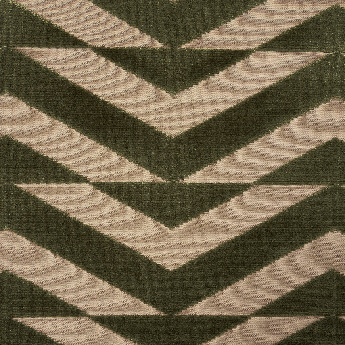 Olive green and beige chevron-patterned woven rug with textured finish.