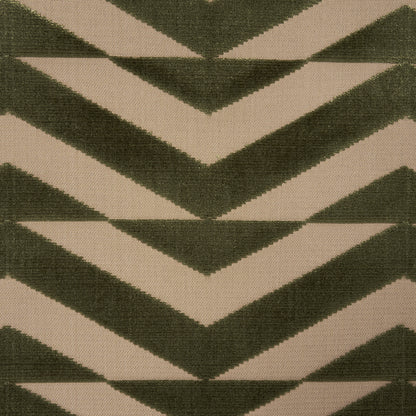 Olive green and beige chevron-patterned woven rug with textured finish.