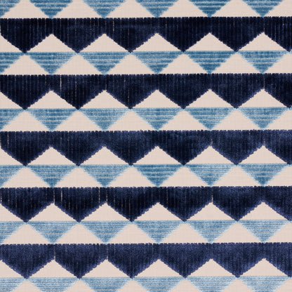 Navy & light blue geometric triangle chevron fabric pattern; woven textile with repeating diamond shapes.