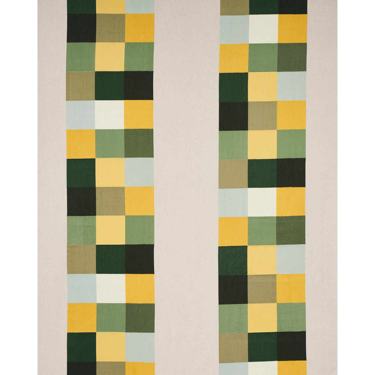 Two narrow patchwork rug runners with checkerboard squares in yellow, green, olive, pale blue on a beige background.