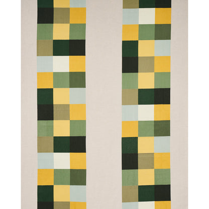 Two narrow patchwork rug runners with checkerboard squares in yellow, green, olive, pale blue on a beige background.