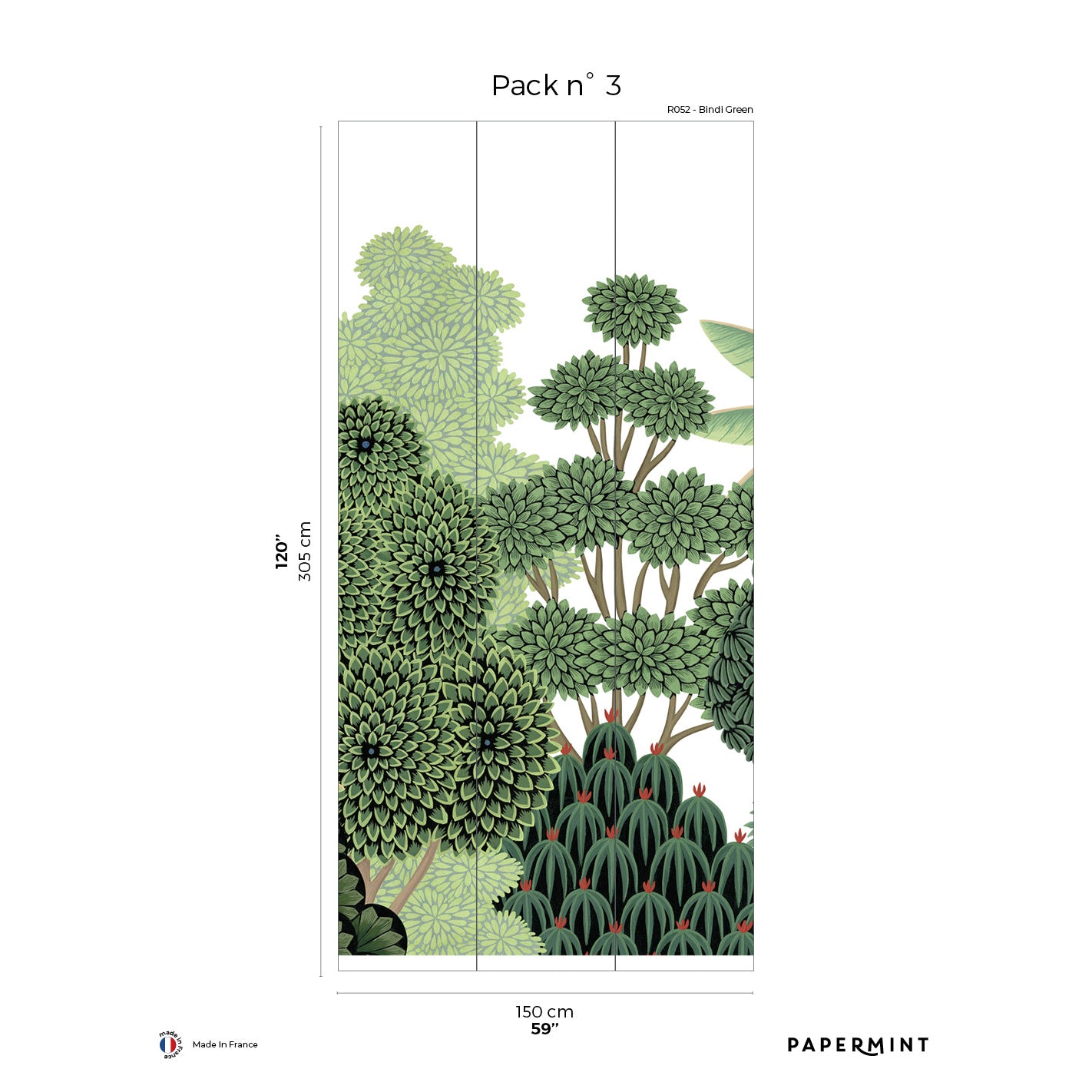Pack n°3 wall mural of lush green trees in layered panels; olive to emerald greens on white, 150x305 cm.