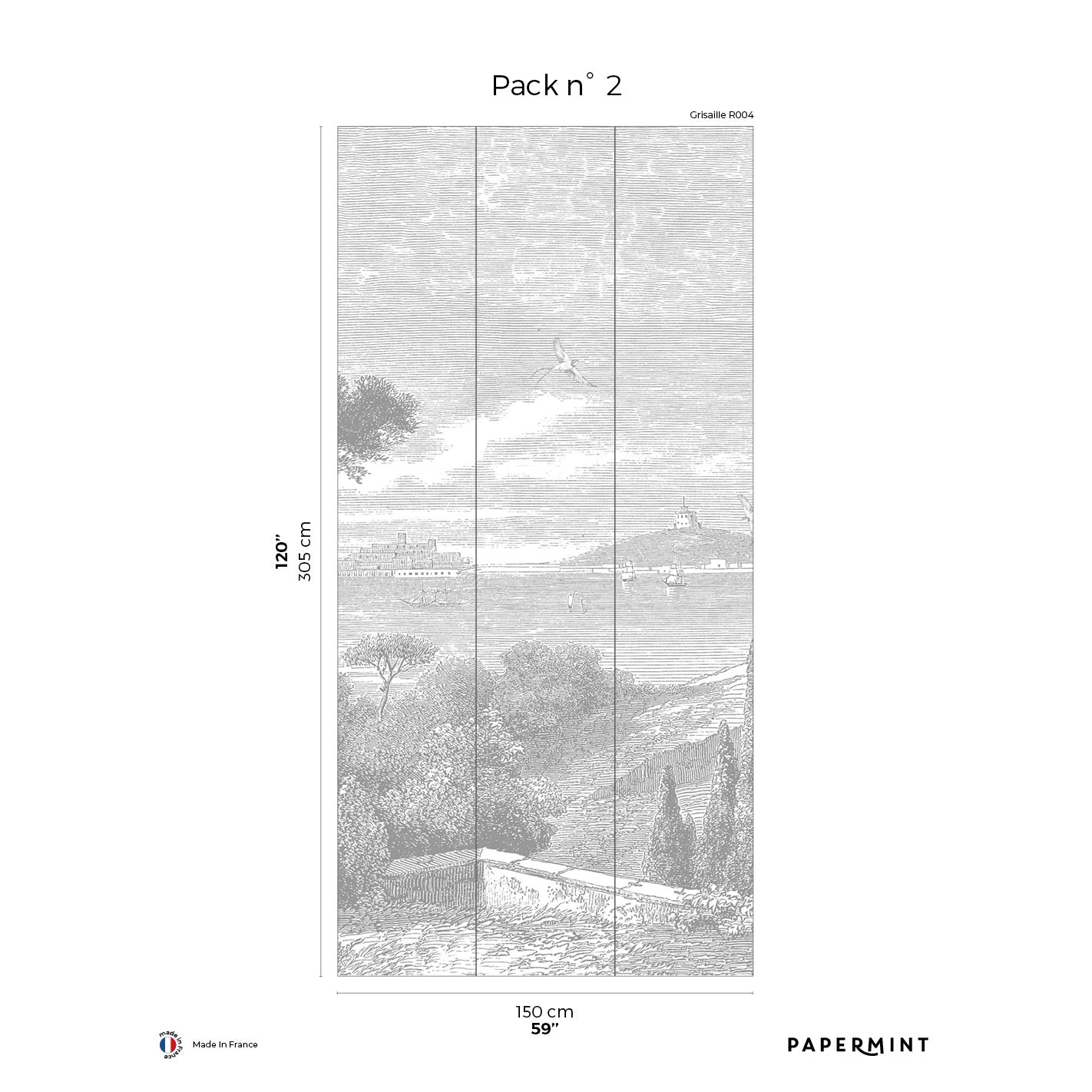 Pack n° 2: grayscale four-panel coastal mural with seaside scene; 150 cm wide by 305 cm tall.