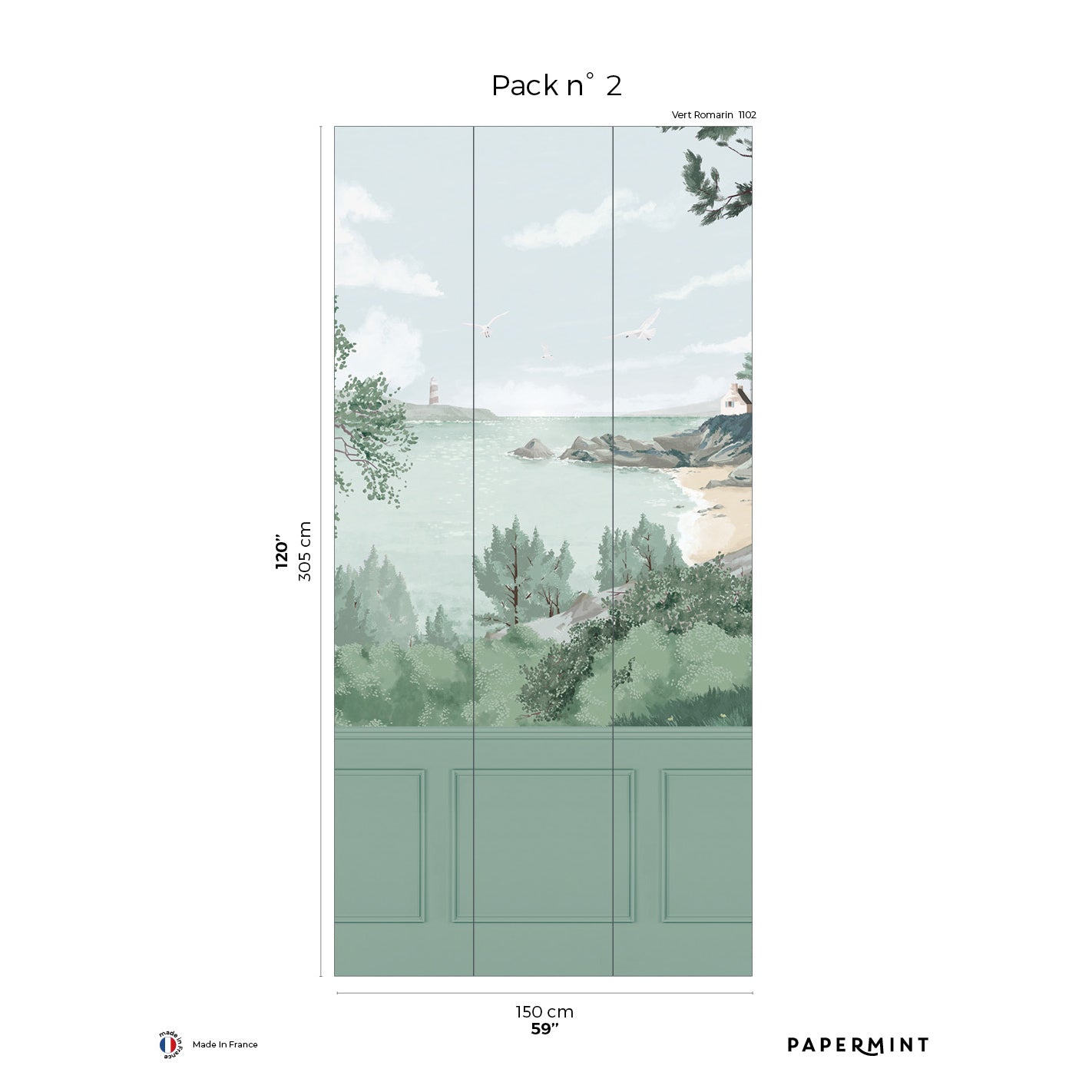 Green landscape wall mural with faux wainscoting and chair-rail effect; Pack 2.