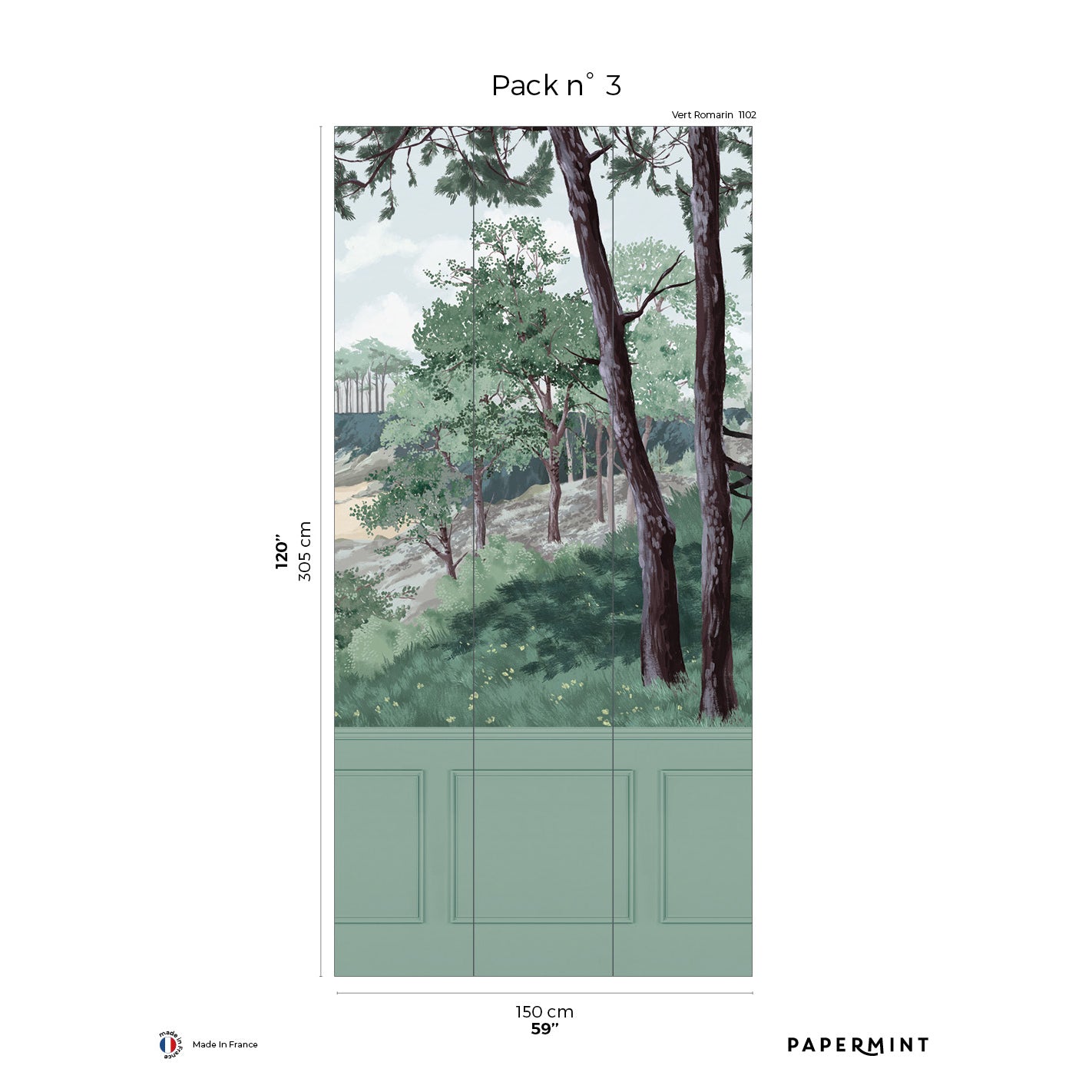 Three-panel green landscape mural with trees and greenery above a mint-green paneled wall; wall art for living spaces.