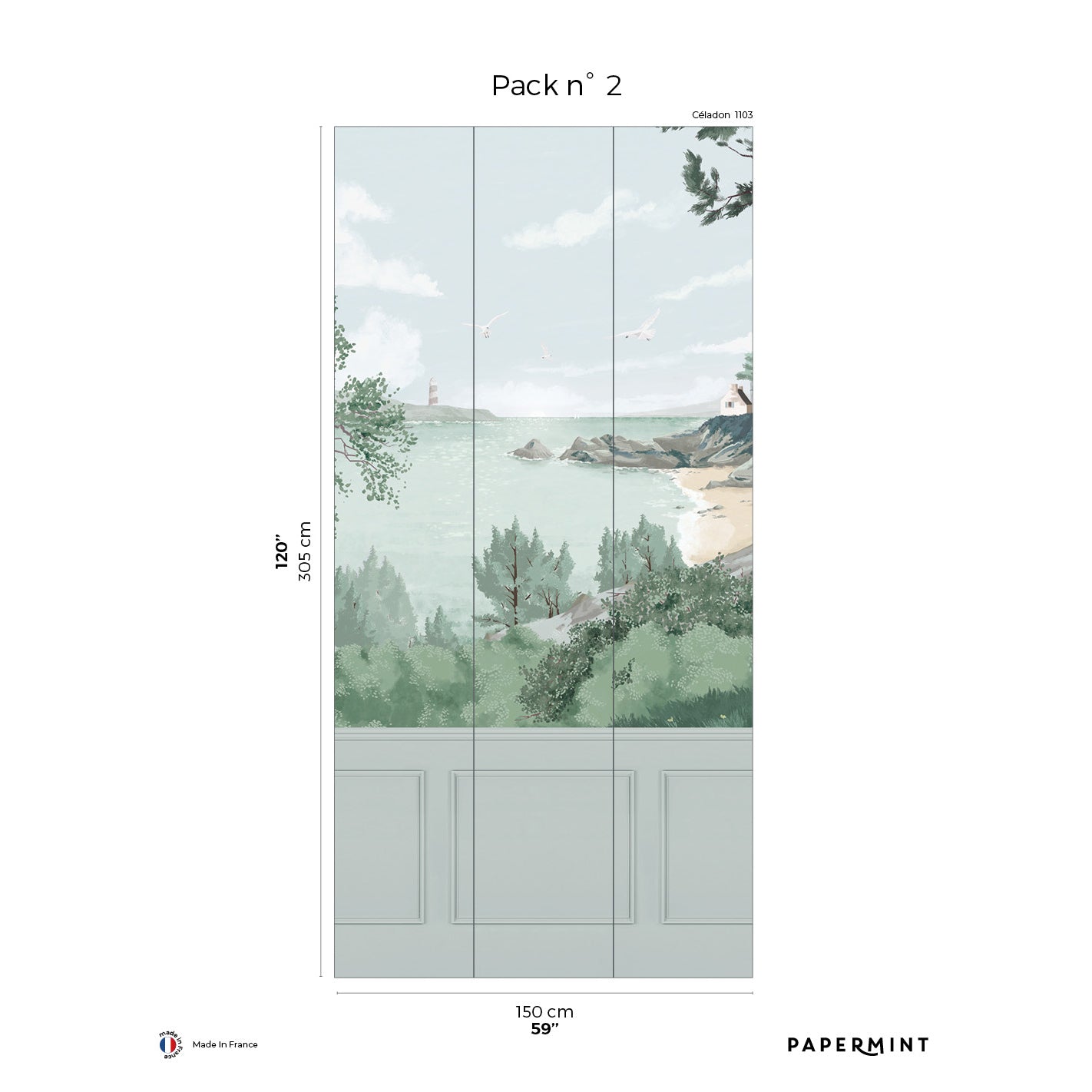 Pack n°2: four vertical panels wall mural, coastal scene with sea, rocks, trees, pale sky; 150 cm wide x 305 cm high.