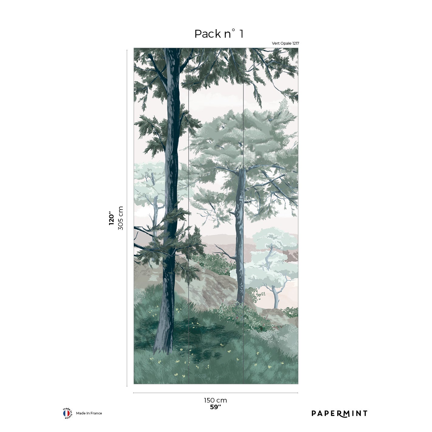 Three-panel forest mural in muted greens and blues; tall trees, nature wallpaper for wall decor.