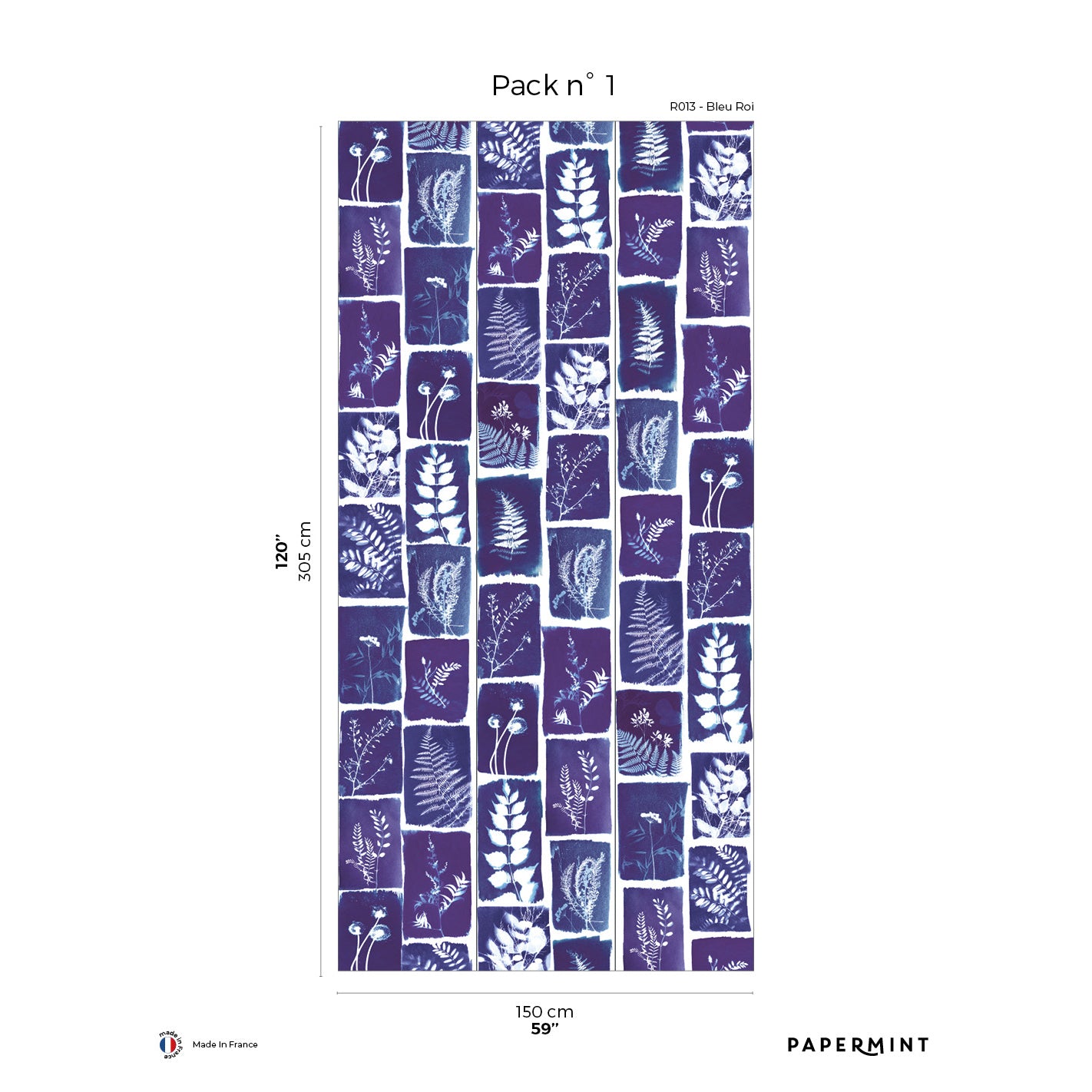 Pack n°1: navy blue wall mural with white botanical leaf silhouettes in tiled squares.
