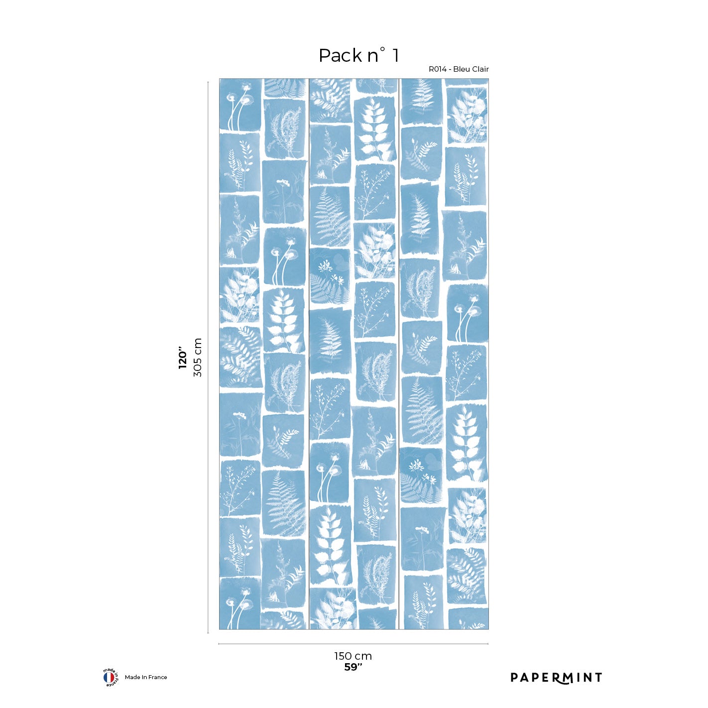 Pack n°1: light blue wall mural with white botanical silhouettes in tile-like rectangles (R014 - Bleu Clair).