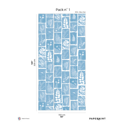 Pack n°1: light blue wall mural with white botanical silhouettes in tile-like rectangles (R014 - Bleu Clair).