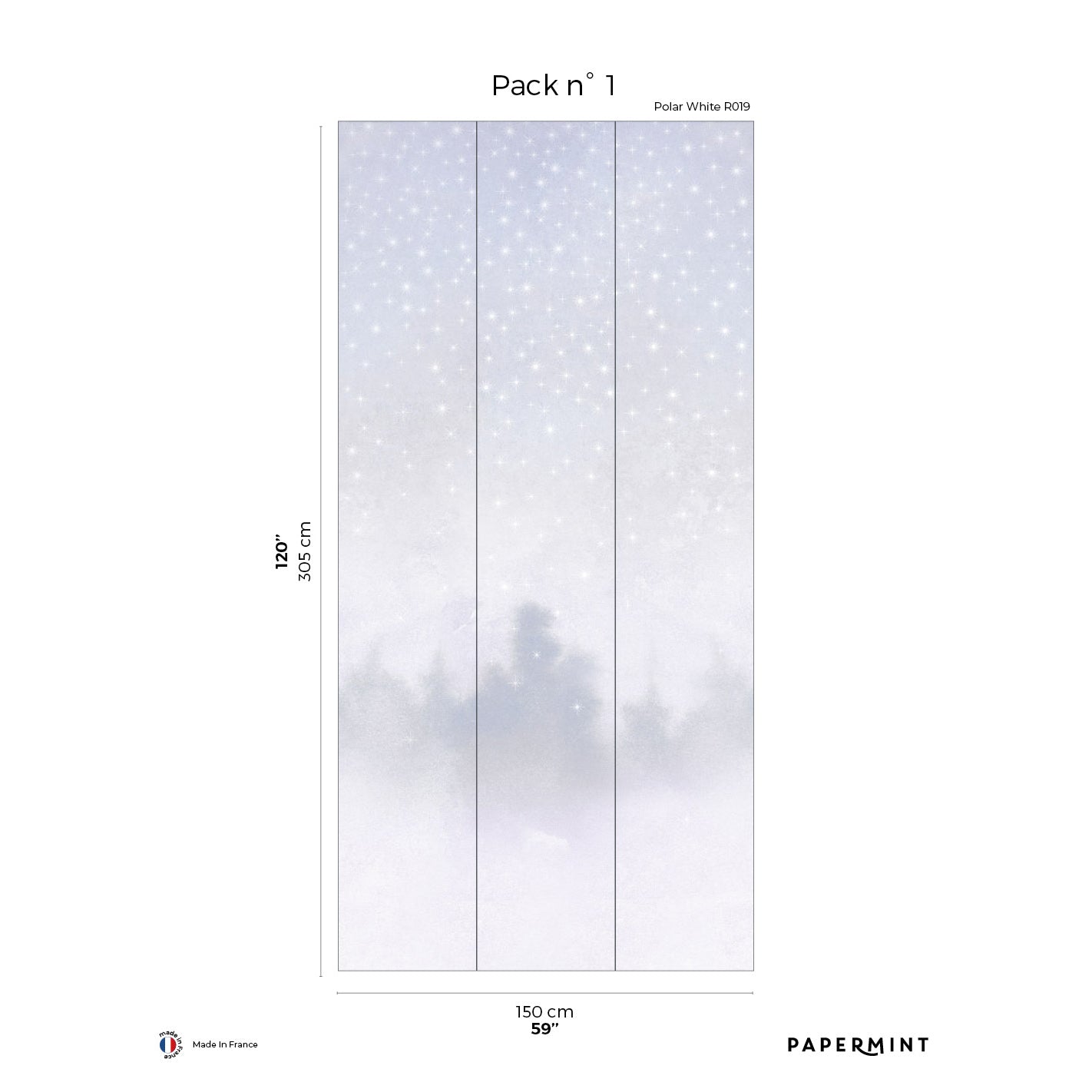 Three vertical wall mural panels depicting a winter forest with a starry pale blue to white gradient; Pack 1.