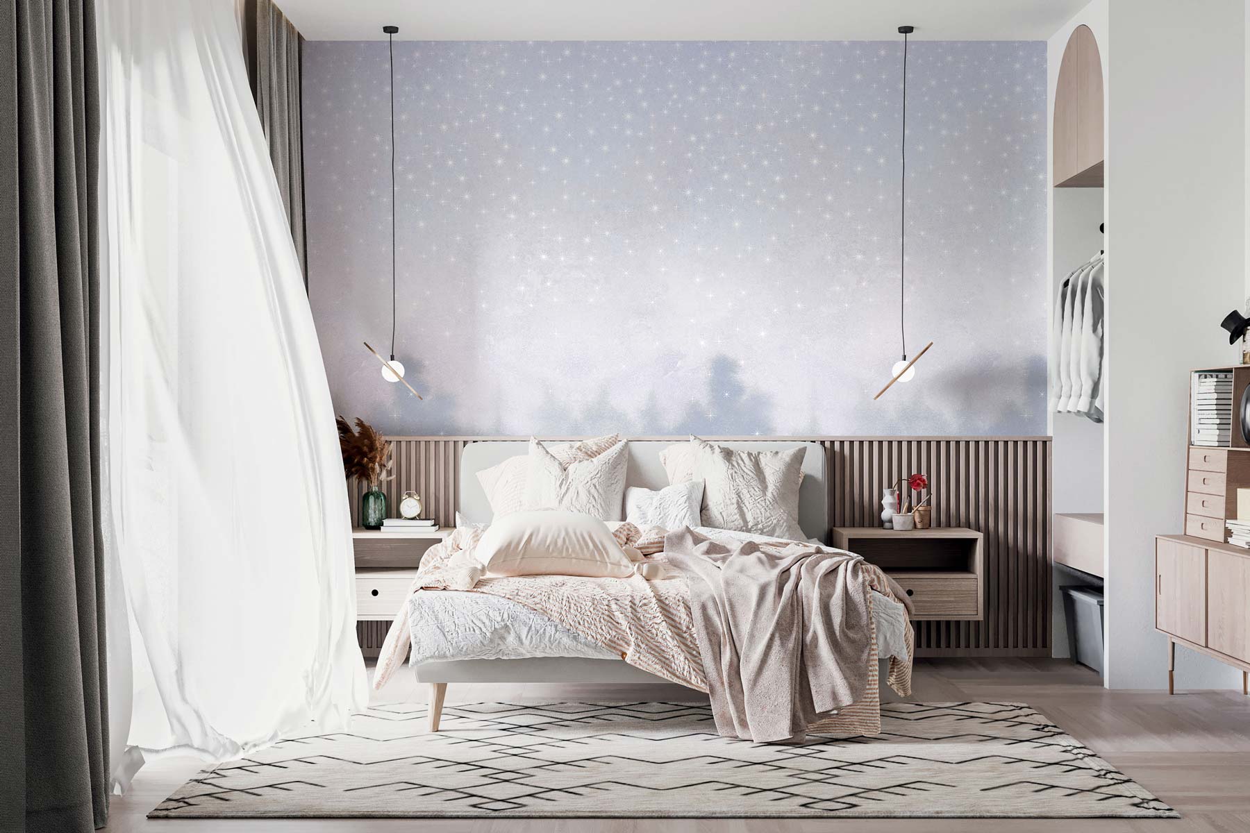 Cozy bedroom scene with beige bed, blush throw, white bedding, white nature wall mural with starry accents, wooden slatted headboard, pendant lights.