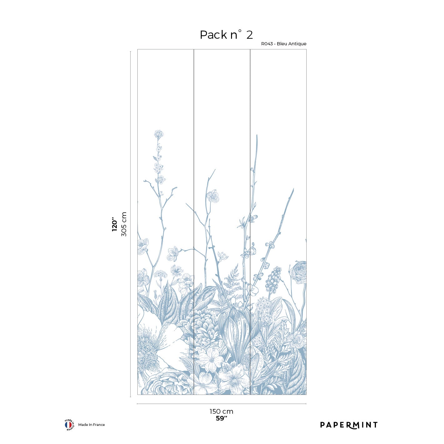Blue antique botanical wall mural pack n°2 with four vertical floral panels for wall decor.