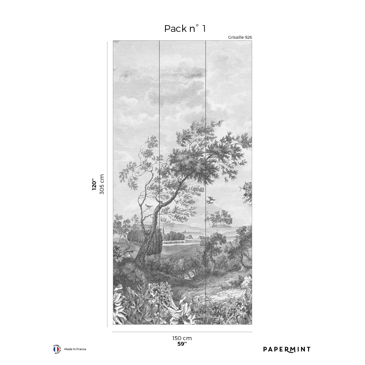 Grisaille triptych landscape wall art: three vertical panels forming a forest and shoreline scene; Pack n°1, Grisaille 926.
