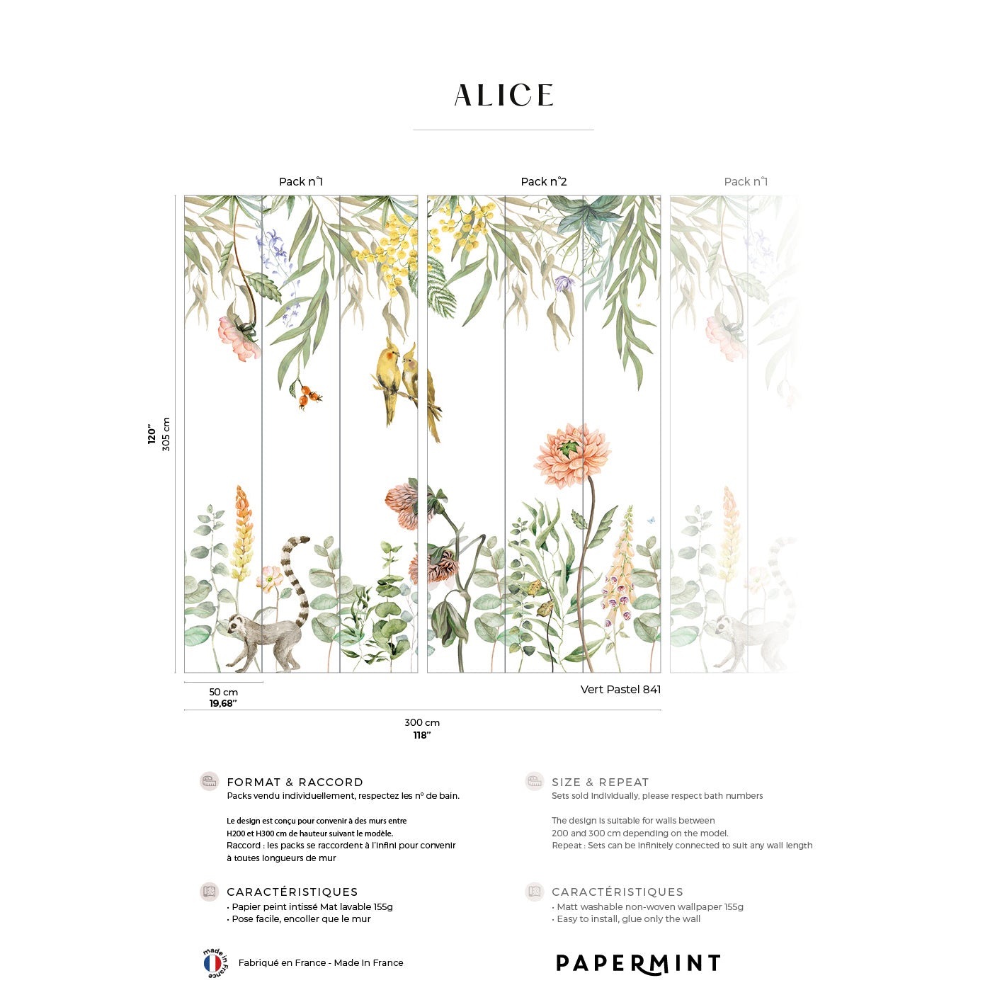 Alice botanical wall mural with pastel leaves, pink/yellow flowers and animals across vertical panels for wall decor.