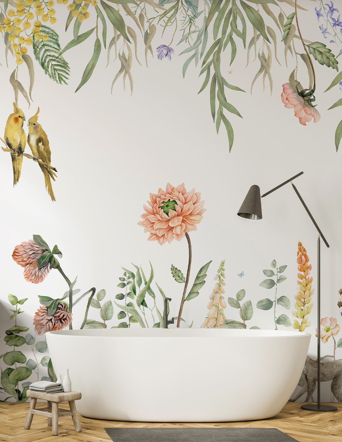 Green tropical wall mural featuring lush foliage, pink flowers and birds.