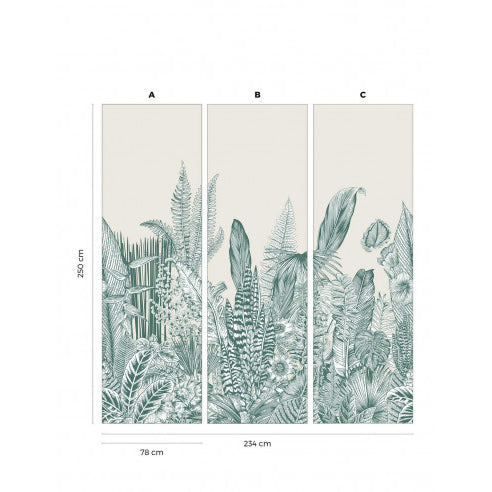 Botanic wall mural featuring green tropical leaves on a beige background