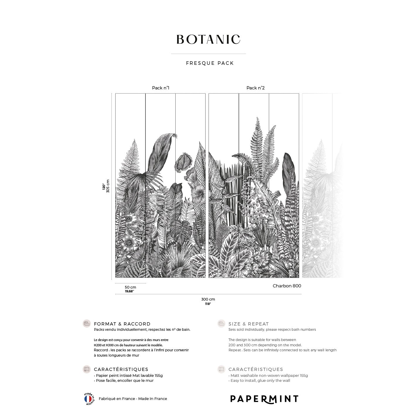 Botanic Fresque Pack: black & white tropical plant mural in vertical panels for wall decor (Charbon 800).