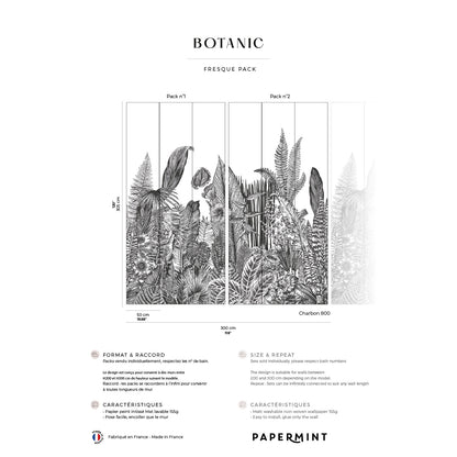 Botanic Fresque Pack: black & white tropical plant mural in vertical panels for wall decor (Charbon 800).