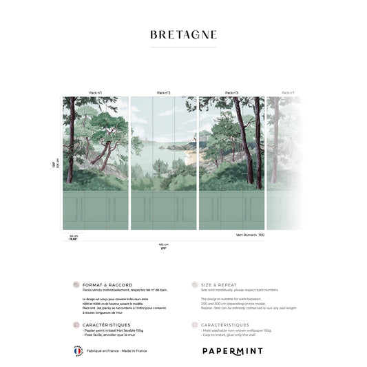 Veer Decor Bretagne Chair Rail With Faux Wainscoting Pack 1, 2 & 3 in Green Wall Mural Landscape Mural Green  Mural - 8184-BDL-AJ1