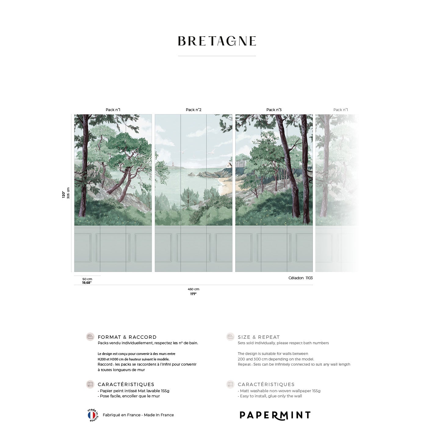 Four-panel Bretagne wall mural showing a forest and coastline scene in soft greens and blues for living spaces.