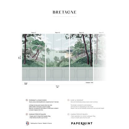 Four-panel Bretagne wall mural showing a forest and coastline scene in soft greens and blues for living spaces.
