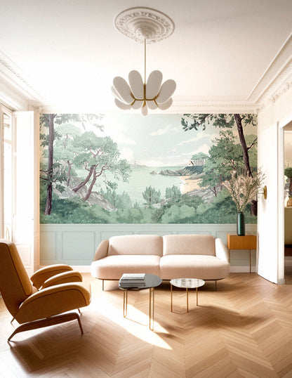 Gray landscape wall mural with lush rolling hills and distant trees.