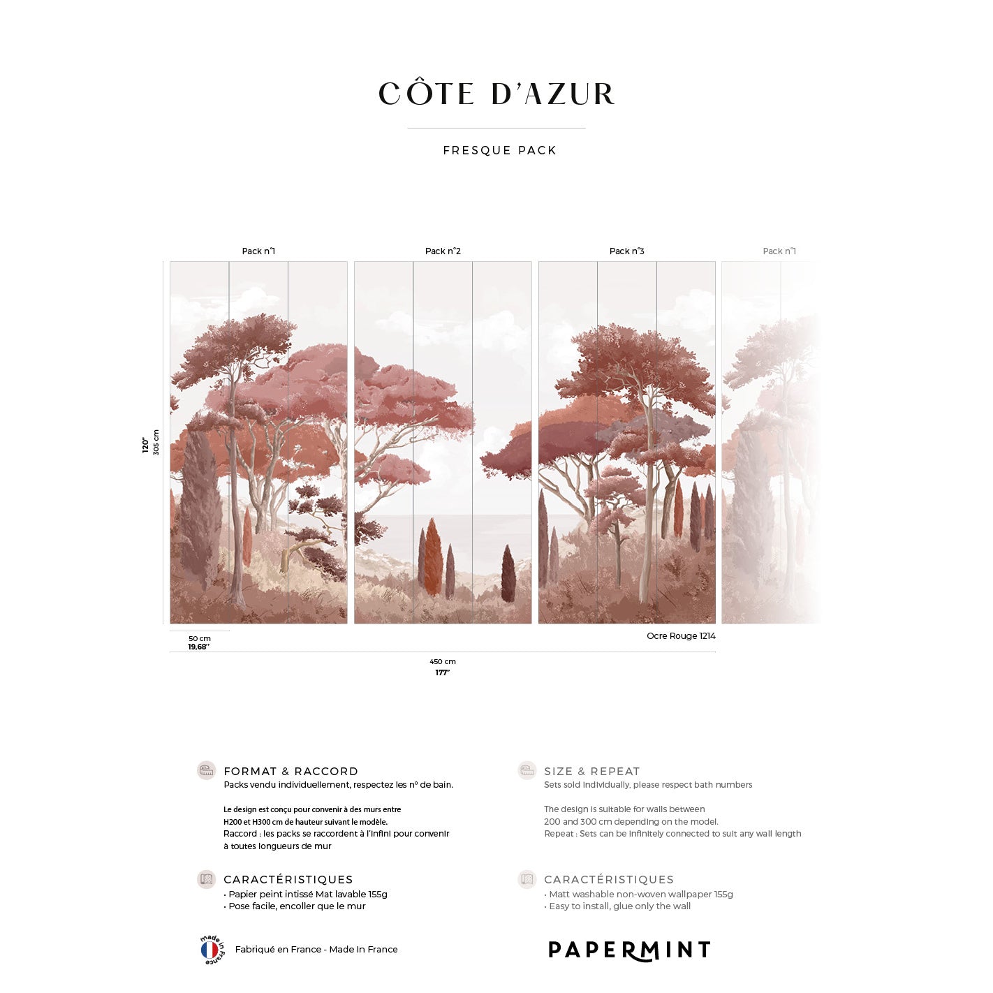 Four-panel wall mural with pink-tinted trees and seascape.