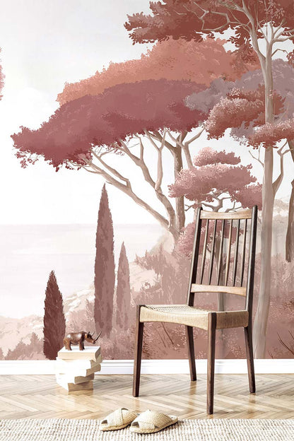 Red landscape wall mural.