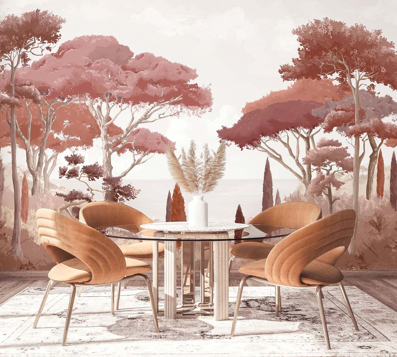 Red landscape wall mural for interiors.