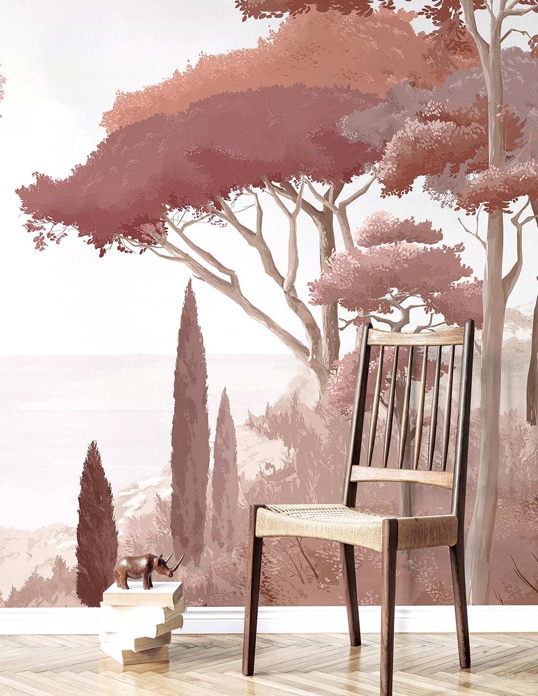 Red-toned wall mural depicting a French Riviera landscape.