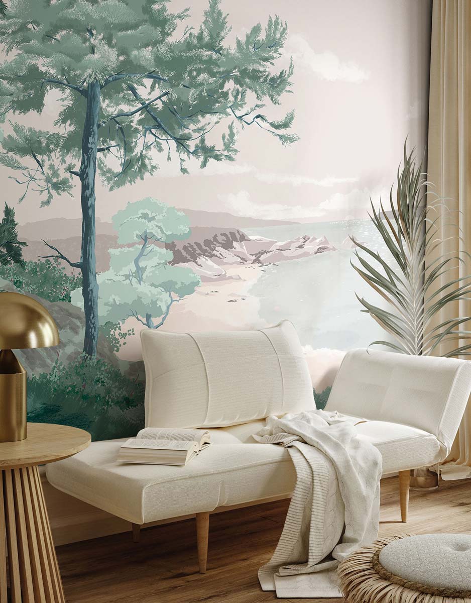 Green pine forest landscape wall mural.