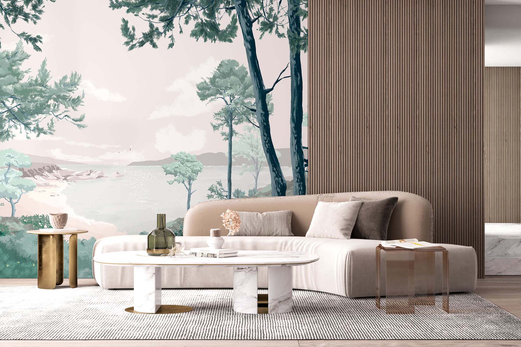 Modern living room featuring a green landscape wall mural, beige curved sofa, white oval coffee table, glass and gold side tables.