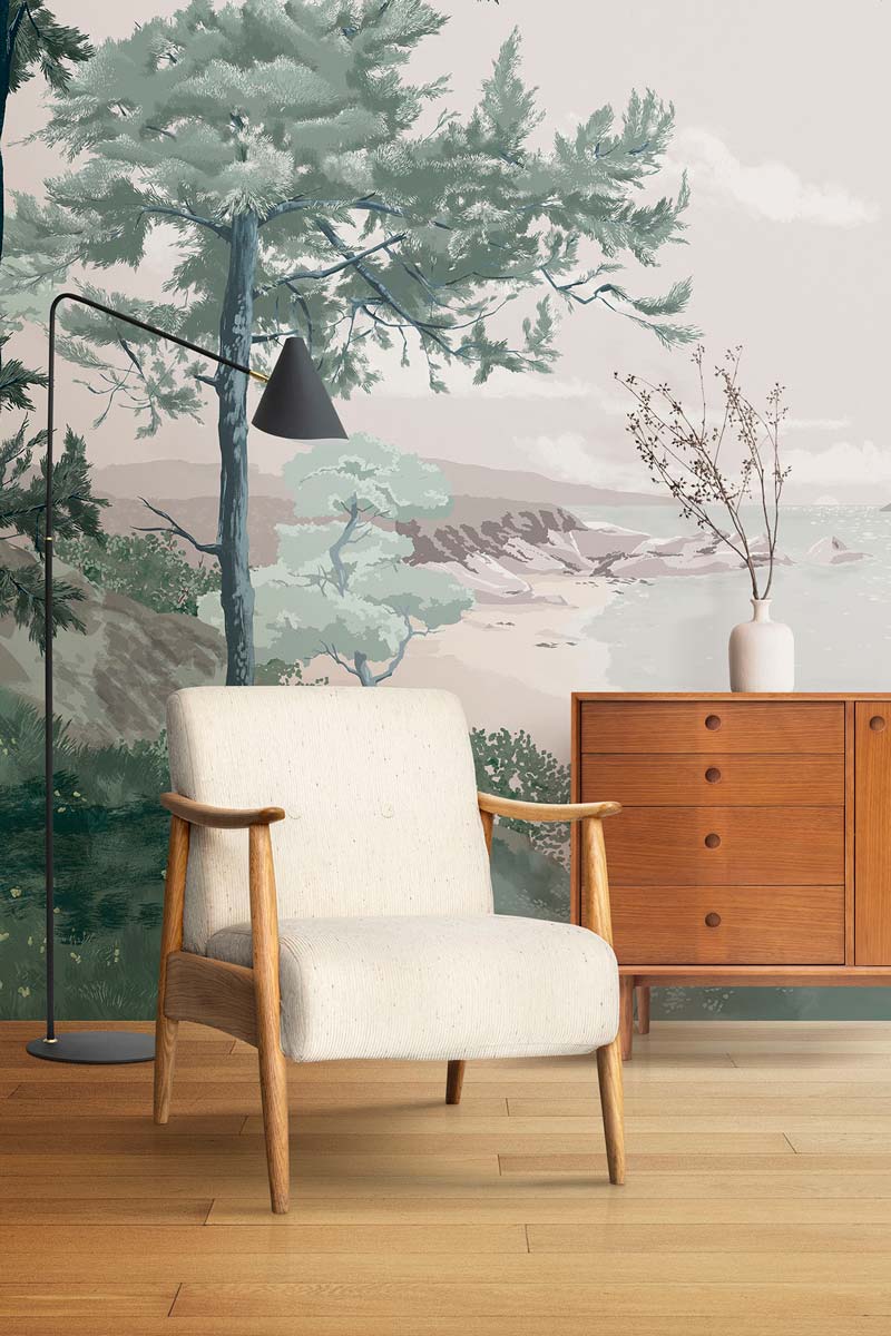 Green landscape wall mural depicting a nature scene.