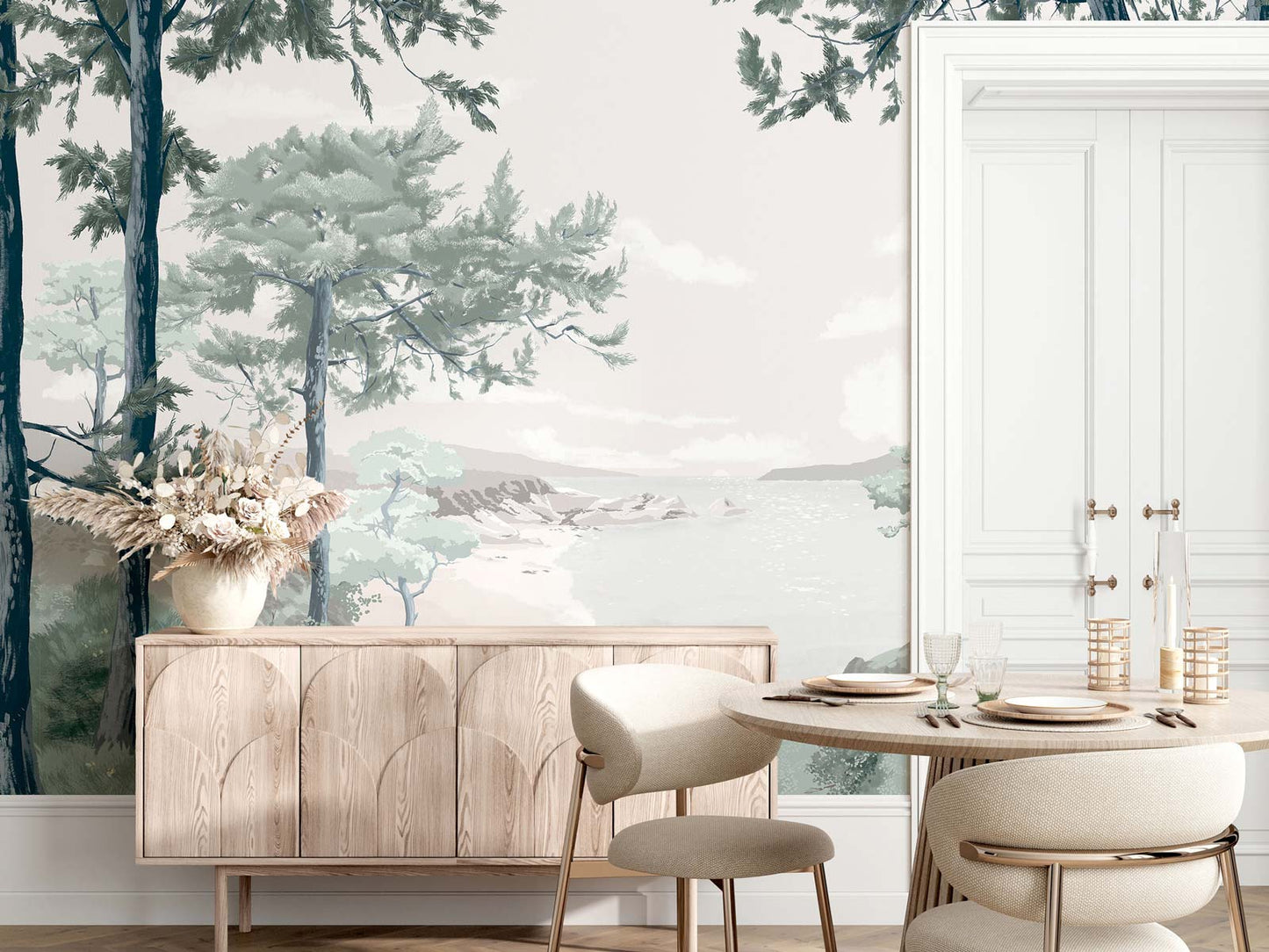 Green landscape wall mural depicting a forest and lake scene.