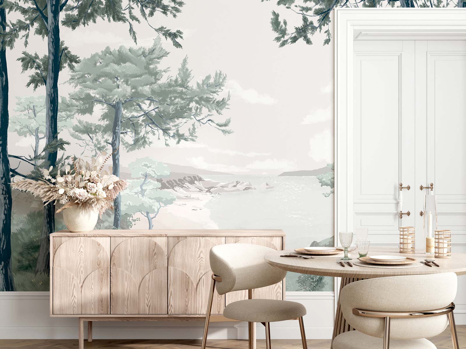 Green landscape wall mural depicting a forest and lake scene.