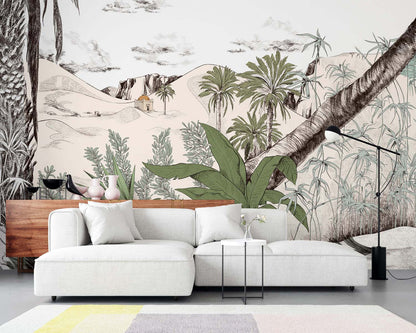 Light gray sectional sofa with white cushions in front of a green landscape wall mural with palm trees; wooden console, black arc lamp, pastel rug.