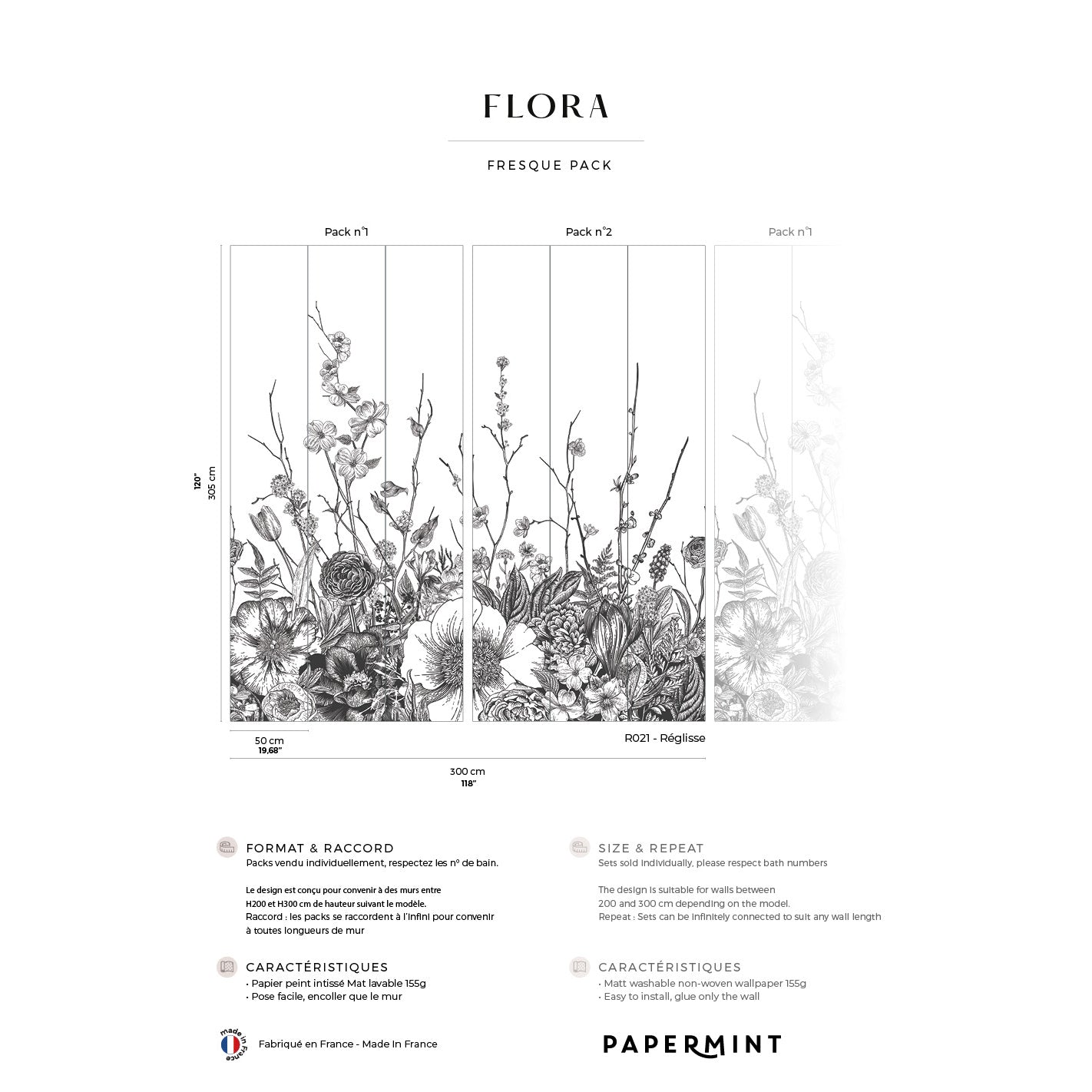 Black-and-white Flora fresco pack: three vertical botanical mural panels with detailed flowers and stems.