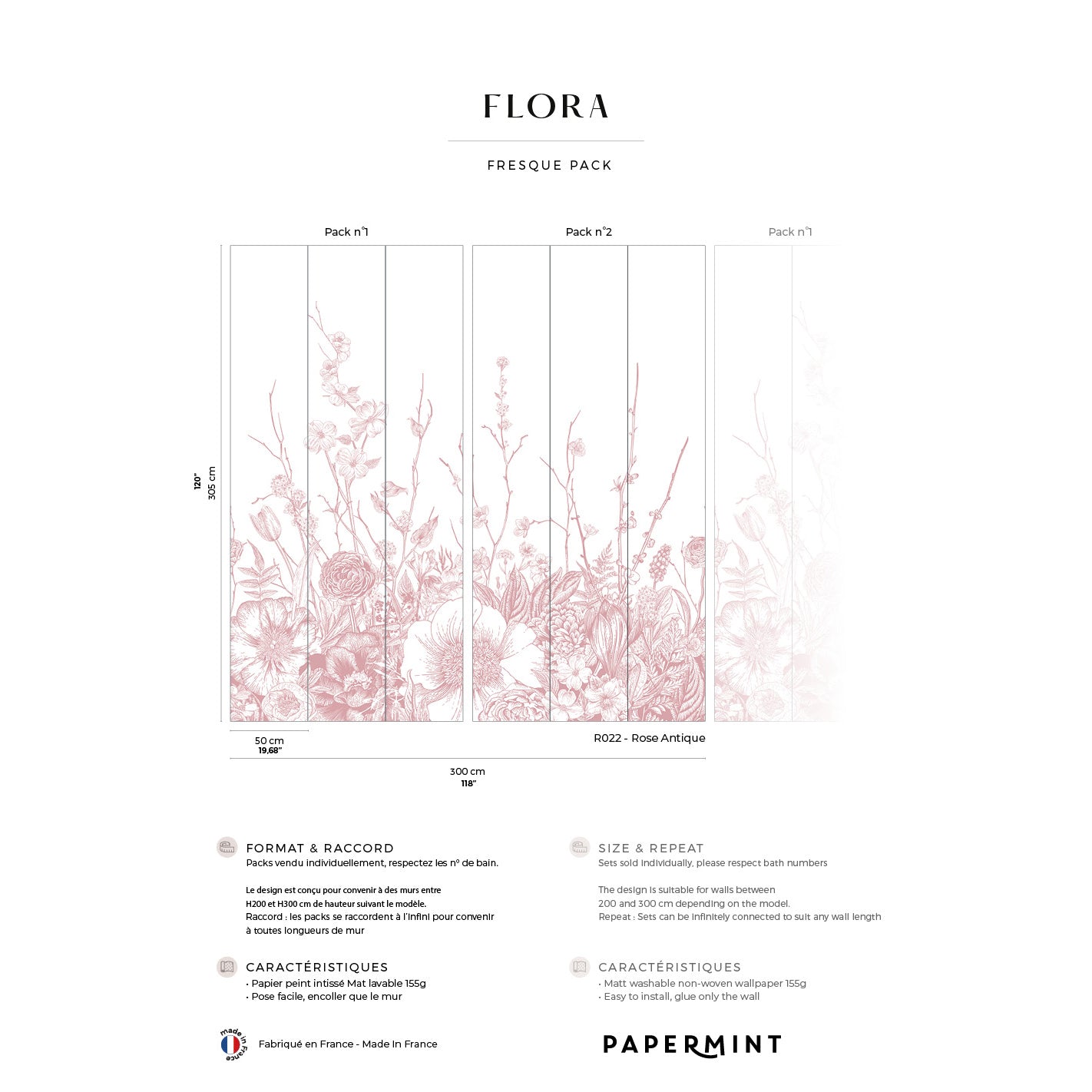 Flora Pack: pink botanical wall mural panels with delicate rose florals.