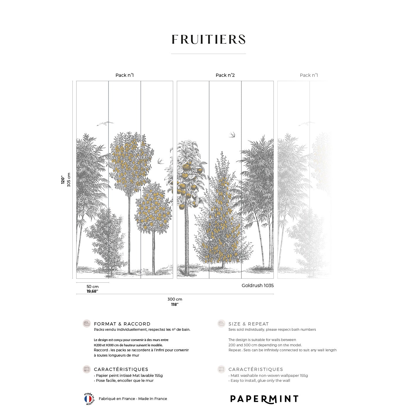 Gold wall mural featuring tall stylized gray and gold trees in a vertical forest motif.