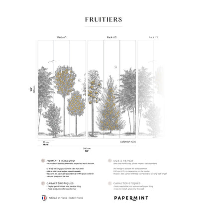 Gold wall mural featuring tall stylized gray and gold trees in a vertical forest motif.