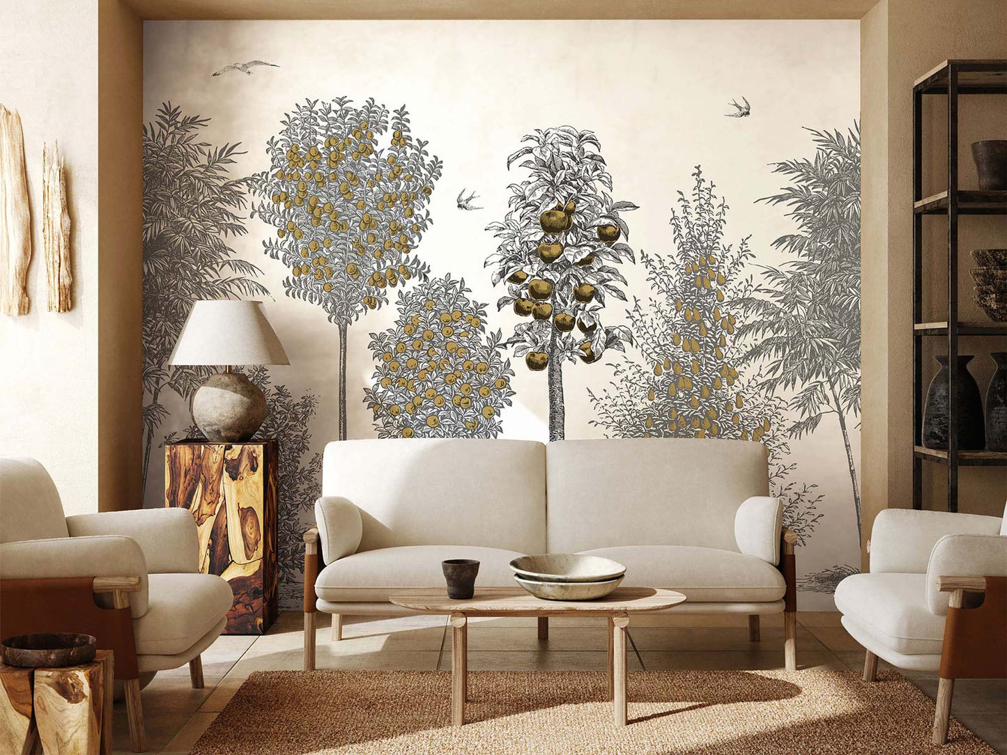 Mid-century modern living room with beige sofas, round wooden coffee table, warm lamp, and a gray-and-gold tree mural.