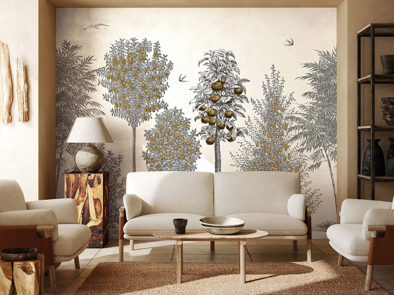 Mid-century modern living room with beige sofas, round wooden coffee table, warm lamp, and a gray-and-gold tree mural.