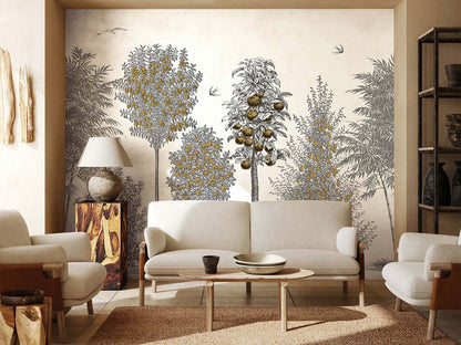 Mid-century modern living room with beige sofas, round wooden coffee table, warm lamp, and a gray-and-gold tree mural.