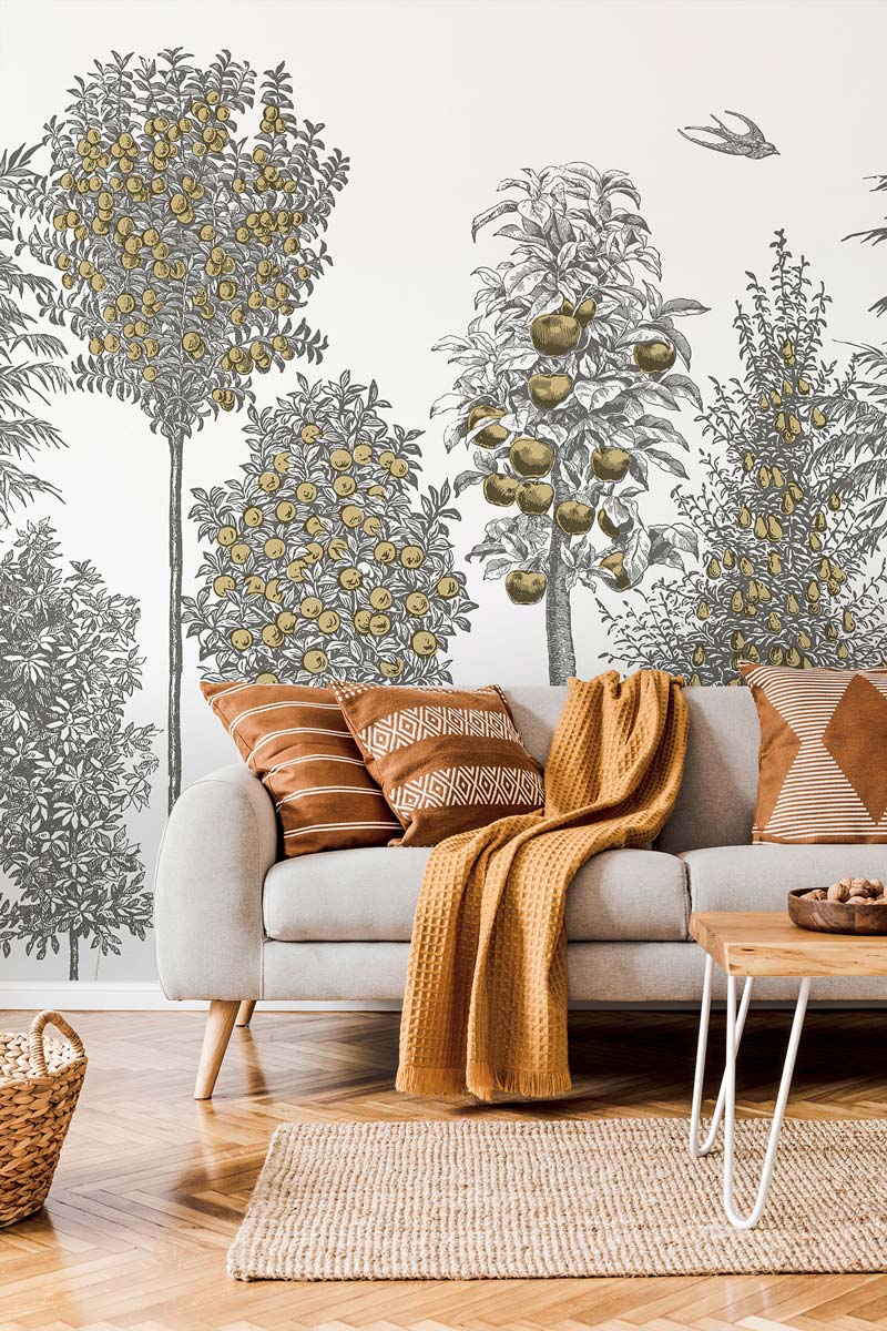 Gold wall mural featuring an orchard of lemon trees; nature-inspired wall decor.